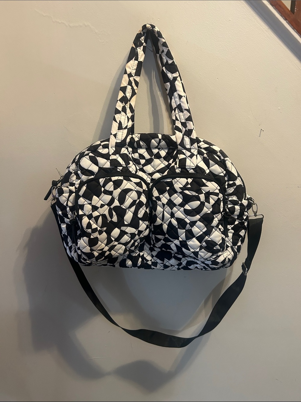 Black & White Quilted Travel Bag with Detachable Shoulder Strap